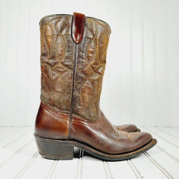 Bronco Brown Embroidery Leather Slip On Block Heel Pointy Toe Western Boots D186 - Picture 5 of 13